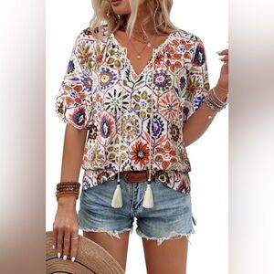 Boho Floral Peasant Blouse Large Vacation Coastal Boho Tunic Top